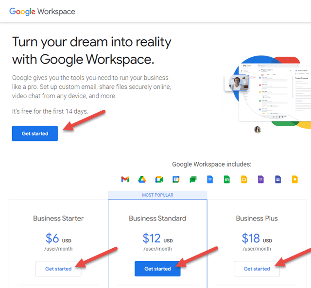 Google Workspace - Click Get Started to Create an Account