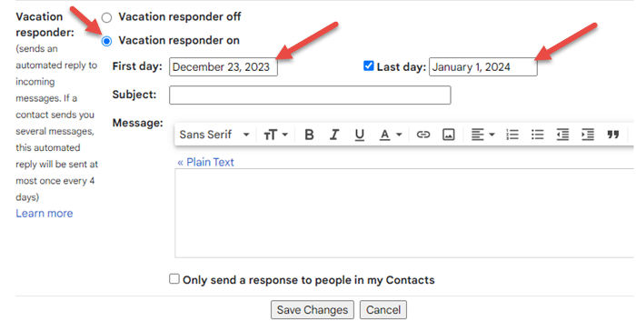 Gmail Out of Office Settings